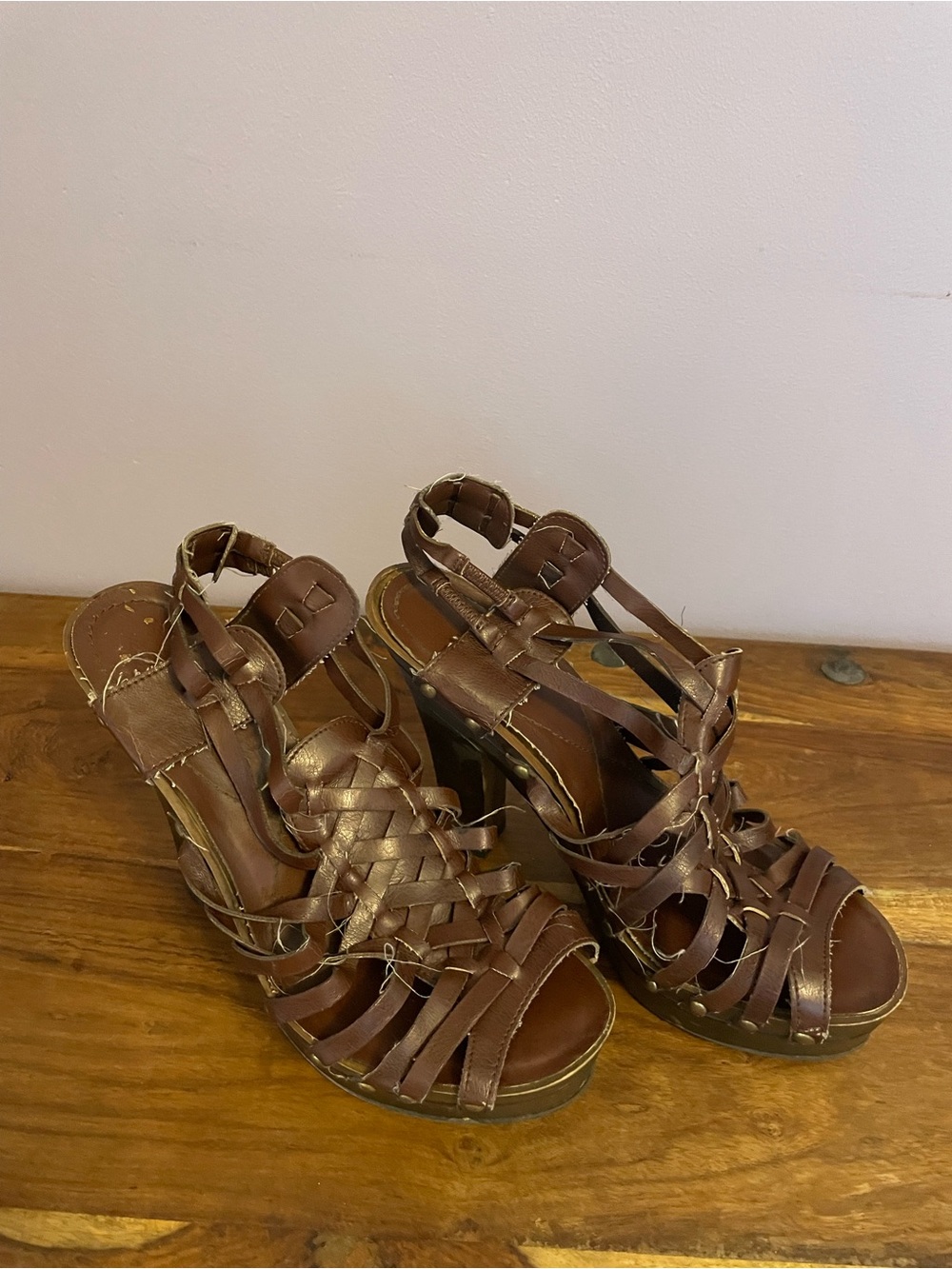 Brown Leather Strappy High Heel Sandals